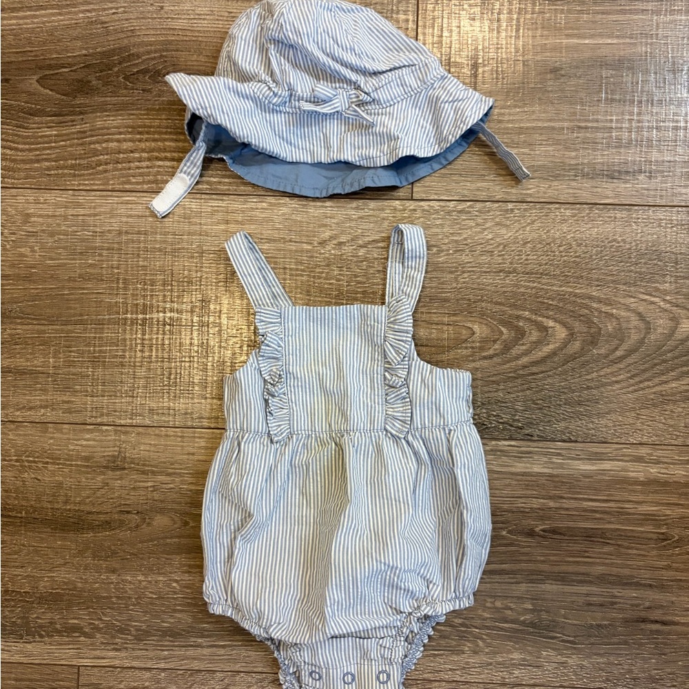 Carters Blue and White Striped Sunsuit with Matching Sun Hat